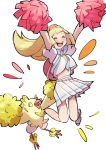  1girl backpack bag blonde_hair blush closed_eyes highres lillie_(pokemon) long_hair omiya599 open_mouth oricorio pokemon pokemon_(creature) pokemon_(game) pokemon_sm pom_poms ponytail shirt short_sleeves simple_background skirt white_background white_shirt white_skirt 