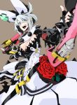  1girl blue_eyes bouquet breasts cleavage clover elbow_gloves elphelt_valentine flower four-leaf_clover gloves grey_hair guilty_gear guilty_gear_xrd holding holding_weapon large_breasts nayutarou_(nyt_kag) red_rose rose short_hair simple_background smile solo weapon 