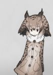  1girl absurdres brown_coat brown_eyes brown_hair coat eurasian_eagle_owl_(kemono_friends) fur_collar grey_background head_wings highres kemono_friends long_sleeves looking_at_viewer pocket simple_background solo uepon_(shimo_ponzu) white_legwear 