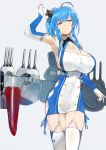  1girl ahoge argyle_cutout arm_up armpits azur_lane bangs bare_shoulders blue_hair blue_ribbon breasts buttons cleavage commentary_request elbow_gloves eyebrows_visible_through_hair garter_straps gloves grey_background hair_tie halter_top halterneck hat highres huge_breasts long_hair looking_at_viewer parted_lips pen_(pen3) red_eyes ribbon side_ponytail sideboob simple_background solo st._louis_(azur_lane) standing thigh-highs turret white_legwear 