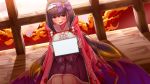  1girl absurdres autumn_leaves bangs black_hair blush breasts brown_hair fate/grand_order fate_(series) gradient_hair hairband highres large_breasts long_hair looking_at_viewer low_twintails mkon multicolored_hair open_mouth osakabe-hime_(fate/grand_order) porch purple_skirt skirt smile solo tablet_pc twintails very_long_hair violet_eyes 