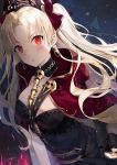  1girl asymmetrical_sleeves bangs between_breasts blonde_hair blush breasts buckle cape cleavage closed_mouth commentary_request detached_collar earrings ereshkigal_(fate/grand_order) eyebrows_visible_through_hair fate/grand_order fate_(series) fire hair_ribbon hand_on_hip infinity jewelry long_hair looking_at_viewer multicolored multicolored_cape multicolored_clothes necklace parted_bangs red_cape red_eyes red_ribbon ribbon single_sleeve skull solo spine tiara tohsaka_rin two_side_up yellow_cape yumaomi 