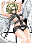  1girl angel angel_(megami_tensei) angel_wings arm_up armpits blindfold blonde_hair chains collar kazu_(rakugakino-to) shin_megami_tensei simple_background solo straps white_background wings 