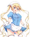  1girl bangs blend_s blonde_hair blue_eyes blush breasts commentary_request eyebrows_visible_through_hair gloves hair_between_eyes head_scarf hinata_kaho lifted_by_self long_hair looking_at_viewer matokechi medium_breasts open_mouth short_sleeves skirt skirt_lift smile solo stile_uniform thigh-highs twintails very_long_hair waitress white_gloves zettai_ryouiki 