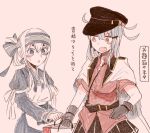  2girls ainu_clothes bag belt black_gloves blue_hair blush breasts brown_gloves dress gangut_(kantai_collection) gloves grey_hair hair_between_eyes hair_ornament hairclip headband helping itomugi-kun jacket jacket_on_shoulders kamoi_(kantai_collection) kantai_collection large_breasts long_hair looking_at_another military military_uniform multicolored_hair multiple_girls naval_uniform ponytail red_eyes red_shirt remodel_(kantai_collection) scar scar_on_cheek shirt silver_hair simple_background translation_request uniform white_hair yuri 