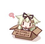  1girl :d ? bangs black_ribbon black_skirt blonde_hair blush box bridal_gauntlets cardboard_box eyebrows_visible_through_hair fang hair_flaps hair_ornament hair_ribbon hairclip in_box in_container kantai_collection komakoma_(magicaltale) long_hair looking_at_viewer open_mouth remodel_(kantai_collection) ribbon scarf simple_background skirt smile solo translation_request venus_symbol white_background white_scarf yuudachi_(kantai_collection) ||_|| 