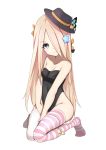  1girl abigail_williams_(fate/grand_order) bare_arms bare_shoulders bell between_legs black_bow black_hat black_leotard blonde_hair blue_eyes bow breasts butterfly cleavage closed_mouth collarbone commentary eyebrows_visible_through_hair fate/grand_order fate_(series) full_body groin hair_bow hair_over_one_eye hand_between_legs hat head_tilt highleg highleg_leotard highres jilu leotard long_hair looking_at_viewer medium_breasts mismatched_legwear no_shoes orange_bow parted_lips seiza simple_background sitting solo star strapless strapless_leotard striped striped_legwear thigh-highs v_arms very_long_hair white_background white_legwear 