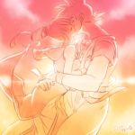  1boy 1girl bakusou_k chi-chi_(dragon_ball) closed_eyes couple dated dougi dragon_ball dragonball_z hands_on_another&#039;s_chest hetero hug kiss lowres short_hair smile son_gokuu tied_hair translation_request wristband 