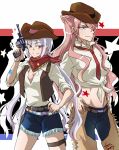  2girls ahoge belt breasts chaps cleavage cowboy_hat denim green_eyes gun hand_on_hip handgun hat holster jeans large_breasts long_hair maria_cadenzavna_eve multiple_girls necktie pants pink_hair revolver scarf shirt shorts sleeves_rolled_up smile star star_tattoo stc tattoo thigh_strap tied_shirt trigger_discipline violet_eyes weapon white_hair yukine_chris 