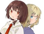  2girls back-to-back blonde_hair blue_eyes brown_eyes brown_hair hair_ribbon headwear_removed looking_at_viewer maribel_hearn multiple_girls necktie ribbon short_hair tamagogayu1998 touhou upper_body usami_renko 