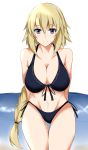  1girl absurdres alternate_costume bikini black_bikini blonde_hair blue_eyes blush braid breasts cleavage closed_mouth collarbone commentary_request eyebrows_visible_through_hair fate/apocrypha fate_(series) front-tie_top hair_between_eyes highres isshii13 jeanne_d&#039;arc_(fate) jeanne_d&#039;arc_(fate)_(all) large_breasts long_hair looking_at_viewer navel side-tie_bikini smile solo stomach swimsuit very_long_hair 
