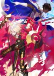  2girls arjuna_(fate/grand_order) black_bodysuit blue_cape blue_eyes bodysuit brown_eyes brown_hair cape closed_mouth collar dark_skin eyebrows_visible_through_hair fate/apocrypha fate/grand_order fate_(series) gloves greaves hair_between_eyes holding holding_weapon karna_(fate) looking_at_viewer male_focus metal_collar multicolored multicolored_cape multicolored_clothes multiple_girls pale_skin parted_lips shirabi spikes two-handed vambraces weapon white_gloves white_hair 