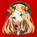  1girl abigail_williams_(fate/grand_order) absurdly_long_hair bangs black_bow black_dress black_footwear black_hat blonde_hair bloomers blue_eyes bow butterfly chibi dress fate/grand_order fate_(series) full_body hair_bow hat head_tilt long_hair long_sleeves looking_at_viewer object_hug orange_bow parted_bangs polka_dot polka_dot_bow red_background shiroko shoes simple_background sleeves_past_wrists solo standing stuffed_animal stuffed_toy teddy_bear underwear very_long_hair white_bloomers 