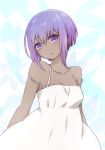  1girl assassin_(fate/prototype_fragments) bangs blue_background blush breasts cleavage collarbone dark_skin dress fate/prototype fate/prototype:_fragments_of_blue_and_silver fate_(series) head_tilt i.u.y looking_at_viewer parted_lips purple_hair short_hair sidelocks sleeveless sleeveless_dress small_breasts solo strap_slip sundress tareme upper_body violet_eyes white_dress 