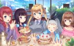  1boy 4girls :d :o absurdres amano_miu artist_name black_hair blend_s blonde_hair blue_eyes blue_sky blush bow braid bread breasts brown_hair cake closed_eyes clouds cup day eye_contact facing_viewer food fruit grey_hair grey_sweater hands_together highres hinata_kaho holmemee hoshikawa_mafuyu jacket kanzaki_hideri lamppost large_breasts long_hair looking_at_another multiple_girls open_mouth outstretched_arms pancake plater redhead sakuranomiya_maika scenery school_uniform serafuku sitting sky small_breasts smile stack_of_pancakes strawberry striped striped_bow sweater syrup table tea teacup twintails violet_eyes 