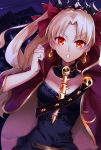  1girl :o aruti bangs between_breasts black_dress blonde_hair bow breasts cape detached_collar dress dutch_angle earrings ereshkigal_(fate/grand_order) eyebrows_visible_through_hair fate/grand_order fate_(series) glowing glowing_eyes hair_bow highres infinity jewelry looking_at_viewer medium_breasts necklace night night_sky outdoors parted_bangs parted_lips red_bow red_cape red_eyes signature sky solo spine tiara tohsaka_rin two_side_up v-shaped_eyebrows 