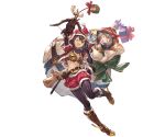  2girls ;d arm_up belt bob_cut boots bow_(weapon) brown_footwear brown_hair candy cropped_jacket crossbow dagger eating fang feena_(shingeki_no_bahamut) food full_body gift granblue_fantasy hair_ornament hat jacket lollipop map minaba_hideo minigob multiple_girls official_art one_eye_closed open_mouth red_jacket red_shorts santa_costume santa_hat shorts smile star star_hair_ornament transparent_background weapon 