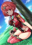  1girl arm_support bangs bare_back blue_sky blush breasts closed_mouth covered_navel earrings eyebrows_visible_through_hair fingerless_gloves full_body gloves grass hair_ornament highres hips pyra_(xenoblade) jewelry large_breasts long_hair looking_at_viewer outdoors red_eyes redhead revealing_clothes shaded_face shadow sky solo tamakaga xenoblade_2 