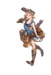  1girl armor armored_boots belt black_bra blonde_hair bob_cut boots bra djeeta_(granblue_fantasy) full_body granblue_fantasy gun handgun mechanic_(granblue_fantasy) minaba_hideo official_art overalls pistol pouch short_hair solo transparent_background underwear weapon welding_mask 