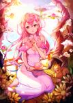 1girl cherry_blossoms day dress eating flower food full_body ggomddak hand_up holding holding_tray looking_at_viewer original outdoors pink_hair pointy_ears railing sitting squirrel sunlight tray tree water white_dress 
