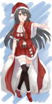  1girl ;d absurdres alternate_costume ame-rain belt black_hair black_legwear boots breasts brown_eyes cleavage full_body fur-trimmed_boots fur-trimmed_legwear fur-trimmed_skirt fur_trim hair_between_eyes haruna_(kantai_collection) hat highres kantai_collection large_breasts long_hair looking_at_viewer midriff navel one_eye_closed open_mouth red_skirt santa_boots santa_costume santa_hat skirt smile solo thigh-highs zettai_ryouiki 