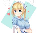  1girl absurdres blend_s blonde_hair blue_eyes blush breast_lift breasts frown gloves heart highres hinata_kaho large_breasts looking_at_viewer medium_hair pohdae pout simple_background solo stile_uniform tsundere upper_body white_gloves 