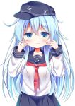  1girl anchor_symbol bangs black_hat black_skirt blue_eyes blue_hair blush cheek_pinching closed_mouth collarbone commentary_request esureki eyebrows_visible_through_hair flat_cap hair_between_eyes hat hibiki_(kantai_collection) highres kantai_collection long_hair long_sleeves looking_at_viewer necktie pinching pleated_skirt red_neckwear school_uniform serafuku shirt simple_background skirt solo very_long_hair wavy_mouth white_background white_shirt 