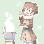  1girl book brown_coat brown_eyes brown_hair coat cowboy_shot curry curry_rice eating eurasian_eagle_owl_(kemono_friends) food fur_collar head_wings highres holding holding_plate holding_spoon kemono_friends long_sleeves open_mouth pantyhose pile_of_books plate pot rice solo spoon steam tail_feathers uepon_(shimo_ponzu) white_legwear 
