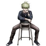  1boy amami_rantarou antenna_hair bracelet chair dangan_ronpa ear_piercing green_eyes green_hair jewelry komatsuzaki_rui looking_at_viewer male_focus necklace new_dangan_ronpa_v3 official_art piercing ring shirt sitting sitting_backwards smile solo striped striped_shirt 