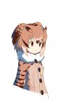  1girl absurdres brown_coat brown_eyes brown_hair coat eurasian_eagle_owl_(kemono_friends) fur_collar head_wings highres kemono_friends long_sleeves simple_background solo uepon_(shimo_ponzu) upper_body white_background 