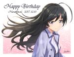  1girl ahoge bangs black_hair casual girls_und_panzer happy_birthday isuzu_hana jewelry long_hair necklace shamakho solo text upper_body 