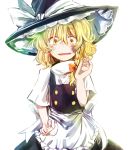  1girl apron blonde_hair braid hat highres injury kirisame_marisa looking_at_viewer short_hair solo sweatdrop tigern touhou witch_hat yellow_eyes 