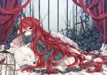  1girl absurdly_long_hair barefoot birdcage cage curtains dagger dog dress forest frilled_dress frills graveyard green_dress green_eyes heterochromia long_hair looking_at_viewer looking_back nature original redhead shiro_yurine sleeping solo tombstone very_long_hair weapon yellow_eyes 