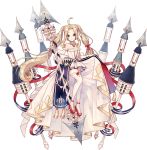  1girl ahoge blonde_hair blue_eyes breasts chateau_de_chambord_(oshiro_project) full_body hair_ribbon high_heels highres holding holding_spear holding_weapon lifted_by_self long_hair looking_at_viewer natuki_miz official_art oshiro_project oshiro_project_re polearm red_footwear red_ribbon ribbon skirt skirt_lift small_breasts smile solo spear thigh-highs transparent_background twintails very_long_hair weapon white_legwear 