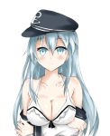  1girl alternate_breast_size anchor_symbol aqua_eyes aqua_hair blush bra breasts cleavage closed_mouth collarbone commentary_request cowboy_shot flat_cap hat hibiki_(kantai_collection) highres isshii13 kantai_collection large_breasts long_hair looking_at_viewer school_uniform simple_background solo underwear upper_body white_background 