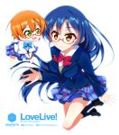  2girls bangs blue_hair blue_neckwear bow bowtie chibi commentary_request dress_shirt floating glasses hair_between_eyes highres hoshizora_rin jumping long_hair long_sleeves love_live! love_live!_school_idol_project multiple_girls open_mouth orange_hair otonokizaka_school_uniform pleated_skirt red-framed_eyewear red_neckwear sagamihara_sakyou school_uniform semi-rimless_eyewear shirt short_hair simple_background skirt smile sonoda_umi striped_neckwear text under-rim_eyewear white_background white_shirt yellow_eyes 