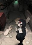 1girl arm_behind_back black_dress black_eyes blush_stickers broken cabinet commentary_request dress gloves hallway harau highres indoors long_sleeves looking_at_viewer nun original ruins smile solo standing syringe white_gloves 