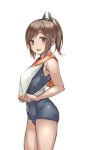  1girl bare_arms bare_shoulders blue_swimsuit blush brown_eyes brown_hair commentary_request contrapposto cowboy_shot eyebrows_visible_through_hair from_side fumikiri highres i-401_(kantai_collection) kantai_collection looking_at_viewer looking_to_the_side one-piece_swimsuit orange_sailor_collar parted_lips ponytail pulled_by_self sailor_collar school_swimsuit school_uniform serafuku shirt_pull simple_background smile solo standing swimsuit white_background 