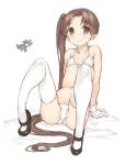  1girl arm_support artist_name ayanami_(kantai_collection) bikini black_footwear brown_eyes brown_hair flat_chest gloves kantai_collection long_hair nagasioo side_ponytail simple_background sitting solo swimsuit thigh-highs white_background white_bikini white_gloves white_legwear 