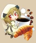  1girl blonde_hair blush bow chamaji coffee coffee_beans coffee_cup crescent croissant dress drill_hair eyebrows_visible_through_hair fairy_wings food frills hair_between_eyes hat highres long_sleeves luna_child open_mouth red_eyes saucer shoes simple_background solo touhou wide_sleeves wings 