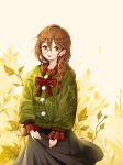  1girl :d black_skirt bow braid brown_eyes brown_hair earrings ggomddak glasses green_sweater jewelry looking_at_viewer open_mouth original outdoors plaid plaid_bow plant pom_pom_(clothes) red_bow skirt smile standing 