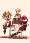  3girls absurdres ajirui alternate_uniform apple blonde_hair crossed_arms cz-75_(girls_frontline) desk food fruit girls_frontline gloves green_hair highres long_hair m950a_(girls_frontline) multiple_girls redhead school_desk school_uniform short_hair twintails welrod_mk2_(girls_frontline) 