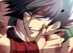  1boy armor bakusou_k bardock black_eyes black_hair blood blood_on_face dragon_ball dragonball_z looking_away lowres male_focus short_hair smile wristband 