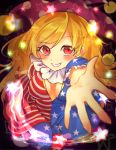  1girl american_flag american_flag_dress american_flag_legwear blonde_hair breasts cleavage cleavage_cutout clownpiece commentary_request fire flame foreshortening glowing grin hat jester_cap konnyaku_(yuukachan_51) long_hair looking_at_viewer medium_breasts neck_ruff open_hand pantyhose pixelated purple_hat reaching_out red_eyes smile solo star striped torch touhou 