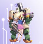 1girl absurdres alternate_costume alternate_hairstyle arms_up bangs bastion_(overwatch) black_panties braid breasts brown_eyes brown_hair bunny_hair_ornament commentary_request d.va_(overwatch) distress facial_mark full_body gatling_gun gradient gradient_background gun hair_ornament hanbok highres korean_clothes long_hair long_sleeves looking_at_another looking_at_viewer looking_down medium_breasts mute_(c20029) open_mouth overwatch palanquin_d.va panties panty_pull pink_skirt purple_background restrained robot shoes skirt socks standing striped_sleeves teeth underwear weapon whisker_markings white_legwear 