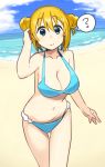  1girl ? bangs bare_arms bare_shoulders beach bikini blend_s blonde_hair blue_bikini blue_eyes blush breasts cleavage closed_mouth collarbone commentary_request day double_bun eyebrows_visible_through_hair hair_between_eyes highres hinata_kaho kasa_list large_breasts looking_at_viewer navel ocean outdoors sand sidelocks smile solo spoken_question_mark swimsuit water 