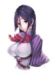  1girl bangs blue_eyes bodysuit breasts closed_mouth commentary_request cropped_arms cropped_torso fate/grand_order fate_(series) fumikiri hair_between_eyes large_breasts looking_at_viewer minamoto_no_raikou_(fate/grand_order) parted_bangs pink_bodysuit puffy_sleeves purple_hair simple_background solo upper_body white_background 