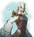  1boy armor beak blue_background character_name closed_mouth earrings furry gradient gradient_background jewelry jigoku_meguri leather looking_at_viewer male_focus rito shoulder_armor teba_(zelda) the_legend_of_zelda the_legend_of_zelda:_breath_of_the_wild upper_body yellow_eyes 
