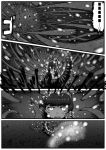  aura battle burning cerulean_(kemono_friends) comic godzilla highres kemono_friends kishida_shiki lizard_tail monochrome sharp_teeth shin_godzilla tail teeth tentacle 