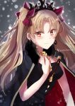  1girl bangs bare_arms black_cape black_dress blonde_hair blush cape closed_mouth commentary_request crown dress ereshkigal_(fate/grand_order) eyebrows_visible_through_hair fate/grand_order fate_(series) fingernails fur_trim hand_on_own_chest highres long_hair looking_at_viewer multicolored multicolored_cape multicolored_clothes orange_eyes parted_bangs red_cape skull smile solo spine tanaji tohsaka_rin two_side_up upper_body 